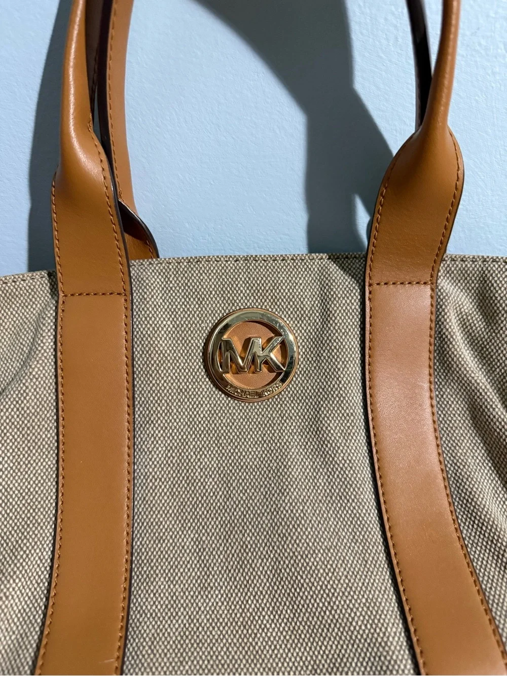 Michael Kors Beige Canvas Tote with Tan Leather Trim